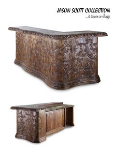 an old wooden table with carvings on the top and bottom, in two different views