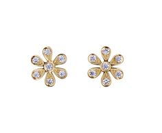 With their playful, nature inspired echo of a tiny daisy, these Sophie Billie Brahe earrings are poised to take the place of your traditional diamond posts. The 18K yellow gold flower has six petals each set with a tiny diamond plus a diamond in the center. They can even be worn in a multiple piercing. 18K yellow gold and diamond stud : 5/16" diameterdiamonds : vary : 1mm diameter to 1.5mm diameter each : .09cttw : VVS18K yellow gold post backs Yellow Gold Flower-shaped Diamond Earrings, Alex Sepkus, Alice Cicolini, Digby And Iona, Anna Sheffield, Jemma Wynne, Rebecca Overmann, Sophie Bille Brahe, Cathy Waterman