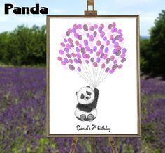 a panda bear holding balloons on top of a easel in front of purple flowers