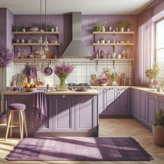 a kitchen with purple walls and wooden flooring is shown in this image, there are plants on the shelves