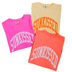 This neon Sunkissed shirt is the perfect summer tee. Comfortable and stylish, it's perfect for the beach, pool or simply enjoying a warm day. Brighten up your wardrobe in this trendy soft bright neon t-shirt you'll want to wear all year round! This is your ultimate summer t-shirt. Fabric: 100% Cotton Design: Neon Red Orange/Neon Pink (White heat-applied vinyl) Butter Yellow (Neon Orange heat-applied vinyl) Color: Neon Red Orange, Neon Pink & Butter Yellow (shirt colors are pigment dyed) Colors w Neon Orange Shirt Outfit, Beach Shirt, Summer T Shirts, Orange Shirt Outfit, Summer Tshirt Designs, Neon Shirts, Uv Shirt, White Heat, Summer Beach Outfit