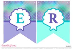 two banners with the letter p in purple, blue and green mermaid scales on them