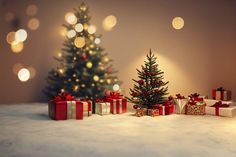 a christmas tree surrounded by presents in front of a lit up christmas tree with lights