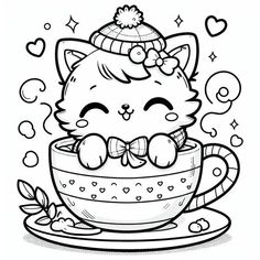 a black and white drawing of a cat in a teacup with hearts around it