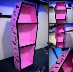 the shelves have bats painted on them for halloween decorations, and they are pink with black accents