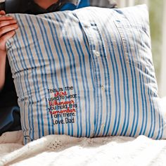 Custom Memory Pillow Made From Loved One's Clothing Plain Pillow, Keepsake Ideas, Memory Pillow, Coping With Loss, Memory Pillows, Special Clothes, One Clothing, Personalized Pillows, Embroidered Pillow