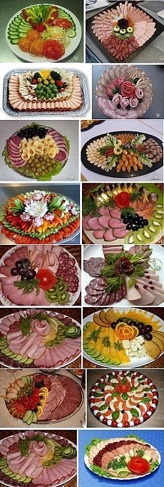 many different types of food are displayed on plates and trays in this collage