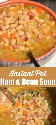 instant pot ham and bean soup in an orange bowl with a ladle on the side