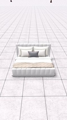 a bed sitting on top of a white tiled floor