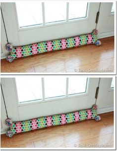 two pictures of the front and back of a door with polka dot fabric on it