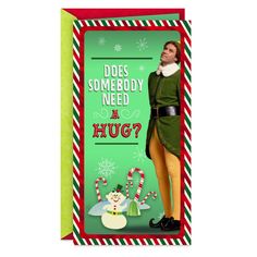 a christmas card with an image of a man in elf costume and candy canes