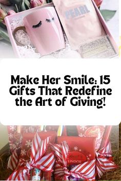 a pink box with some red and white candies in it that says make her smile, 15 gifts that redefine the art of giving