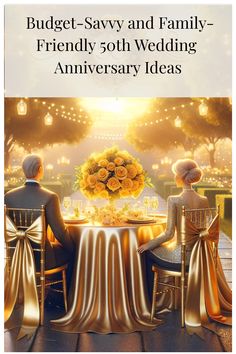 two people sitting at a table with flowers in front of them and the words budget - savvy and family friendly 50th wedding anniversary ideas