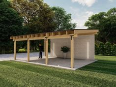 a man standing in the middle of a yard next to a small structure with columns