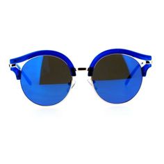 SA106 retro vintage style hippie groovy round half rim color mirror sunglasses. (ss6939cryrv) Size: one size.  Color: Blue.  Gender: female.  Age Group: adult. Retro Blue Cat Eye Sunglasses, Retro Blue Sunglasses With Gradient Lenses, Retro Blue Sunglasses With Polarized Lenses, Retro Blue Polarized Sunglasses, Retro Blue Sunglasses For Spring, Blue Cat Eye Sunglasses With Gradient Lenses For Summer, Modern Blue Cat Eye Sunglasses For Summer, Trendy Blue Cat Eye Sunglasses, Blue Round Frame Sunglasses With Mirrored Lenses