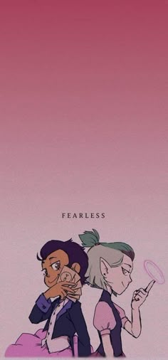 two people sitting next to each other in front of a pink background with the words fearless on it