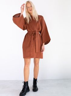 ATHENA Linen Wrap Dress / Linen Kimono Dress / Linen Summer | Etsy Belted Long Midi Dress For Fall, Brown Belted Dress For Spring, Spring Brown Dress With Belt, Knee-length Belted Dress For Daywear In Fall, Daywear Long Sleeve Kimono With Tie Waist, Long Sleeve Wrap Dress For Daywear In Fall, Long Sleeve Wrap Dress For Fall Daywear, Wrap Dresses With Tie Waist For Daywear, Chic Long Sleeve Belted Robe