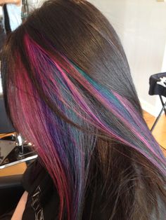 peekaboo highlights for brown hair.....okay so this is something I seriously might do for the cruise... Blue Hair Highlights, Peekaboo Highlights, Peekaboo Hair, Rainbow Hair Color, Penteado Cabelo Curto, Hair Color And Cut, Brown Hair With Highlights, Colored Hair, Rainbow Hair