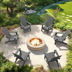 a fire pit surrounded by lawn chairs and trees