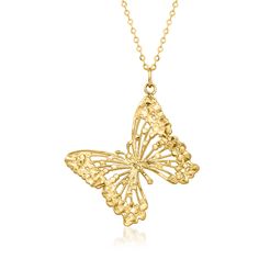 Ross-Simons - Italian 14kt Yellow Gold Openwork Butterfly Necklace. 20". A hopeful reminder that you have the power to transform your life, this beautiful 14kt yellow gold butterfly necklace keeps the faith with a stunning openwork design amplified by textured and polished finishes. Cable chain. Made in Italy. Springring clasp, 14kt yellow gold openwork butterfly necklace. Butterfly Necklace Gold, Jewelry Essentials, Gold Butterfly, Butterfly Necklace, Fine Jewellery Necklace, Cable Chain, Pretty Jewellery, Jewelry Watches, Necklace Lengths