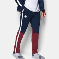 Under Armour Track Pant New With Tags Mens Medium Navy/Maroon Colorway Zippered Pockets Casual Blue Color Block Pants, Casual Under Armour Pants, Casual Under Armour Sweatpants, Under Armour Cotton Sports Pants, Sporty Cotton Pants By Under Armour, Casual Cotton Pants By Under Armour, Athleisure Color Block Cotton Bottoms, Red Cotton Color Block Bottoms, Red Color Block Cotton Bottoms