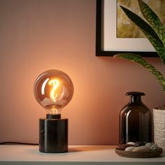 a light bulb sitting on top of a table next to a vase and potted plant