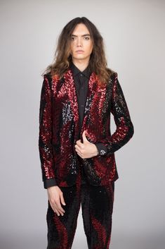 Any Old Iron Red Leaf Sequin Suit Gala Attire, Sequin Suit, Regal Design, Iron Red, Sequin Design, Kate Bosworth, Red Suit, Rocker Style, Red Sequin