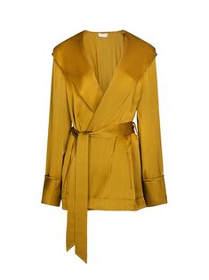 Viscose blend blazer with belt- Closure With Internal Lace And Belt- Wide Lapel With Hood- Front Pockets And Maxi Cuff- Made In Italy- 71% Acetate 29% ViscoseComposition: 71% Acetate, 29% Viscose | Saint Laurent Women's Tie-waist Cardi-coat in Yellow | SS23 Blazer With Belt, Yellow Blazer, Androgynous Fashion, Modest Fashion Outfits, Womens Tie, Detachable Hood, Jacket Design, Yoga Wear, Tie Belt