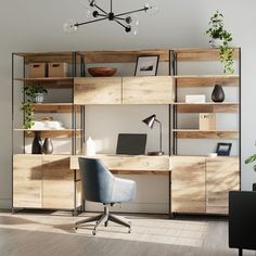 an office with a desk, chair and shelves