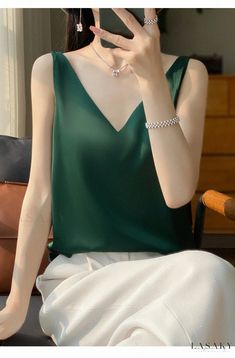 Lasaky - Silk Camisole Innerwear, Satin Camisole with Thin Straps and Pure Color Silk Collar Satin Camisole, Silk Camisole, Cheongsam, Olivia Mark, Pure Color, Dark Green, Shoulder Strap, Satin, Silk