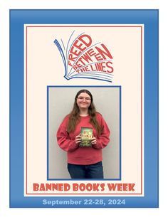 a woman holding a book in front of a sign that says banned books week on it