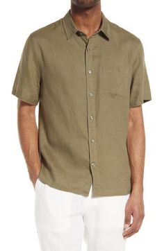 Lightweight, breathable linen brings easy-to-wear comfort to a classic-fit shirt detailed with a nifty chest patch pocket. 28 1/2" length (size Medium) Spread collar 100% linen Dry clean or machine wash, line dry Imported Classic Solid Linen Shirt, Classic Beach Shirt With Pockets, Collared Linen Tops With Welt Pockets, Casual Shirt With Patch Pockets For Summer, Casual Summer Shirt With Patch Pockets, Casual Linen Shirt With Patch Pockets, Spring Linen Shirt With Patch Pockets, Casual Flax-colored Top With Pockets, Casual Flax Top With Pockets