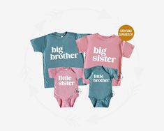 "BROTHER AND SISTER SHIRT/BODYSUIT: Celebrate your growing family with H+A's adorable sibling t-shirts! Perfect for sibling announcements, photos, and makes a great gift. Each sold separately. Heather blue tee/bodysuit and/or mauve tee/bodysuit with white vinyl font.  HOW TO ORDER: * Select A Finish * Select A Color + Size - size chart in image gallery * Select Your Quantity * Add to Cart (\"buy now\" will take you directly to checkout | \"add to cart\" will allow you to continue shopping) (some Pink Family Matching Sets With Short Sleeves, Pink Short Sleeve Family Matching Sets, Blue Family Matching Shirts, Family Matching Long Sleeve Tops For Gender Reveal, Pink Matching Top For Gender Reveal, Customizable Blue Tops For Family Occasions, Customizable Family Matching Tops For Gender Reveal, Big Sister Shirts, Big Sister Little Brother