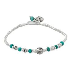 Reconstituted Turquoise Beaded Bracelet from Thailand - Love of the Ocean | NOVICA Thailand Gifts, Silver Beaded Bracelet, Turquoise Bead Bracelet, Garnet Bracelet, Silver Bead Bracelet, Jewelry Packaging, Turquoise Beads, Jewelry Gift Box, Free Jewelry