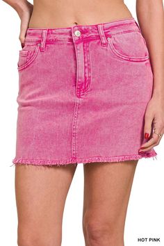 ACID WASHED FRAYED HEM SKIRT 97% COTTON 3% SPANDEX Acid Wash Shorts, Pink Denim Shorts, Comfortable Skirts, Pink Out, Trendy Jeans, Frayed Denim, Cool Graphic Tees, Hem Skirt, Sand Beige