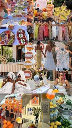 a collage of pictures with people dressed in different outfits and food on the table