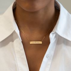 This personalized engraved bar necklace is the perfect keepsake jewelry piece. Bar 1.2x0.2in (31x5mm) Adjustable chain length: 17-20in (38-51cm) Laser Engraving Gold Filled Spring clasp closure Hypoallergenic, lead and nickel free #252GF Personalized Nameplate Jewelry With Engraved Text, Everyday Nameplate Jewelry With Engraving Option, Minimalist Rectangular Jewelry With Engraved Text, Personalized Engraved Nameplate Jewelry, Classic Engraved Rectangular Bar Necklace, Everyday Rectangular Jewelry With Engraved Text, Engraved Nameplate Bar Necklace As Gift, Customizable Nameplate Bar Necklace As Gift, Minimalist Engraved Rectangular Bar Necklace