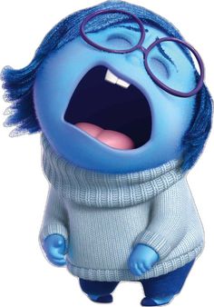 an animated blue character with glasses and a sweater, making a shocked face while standing in front of a white background