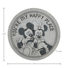 a mickey mouse and minnie mouse happy place sign on a white background, with measurements for the