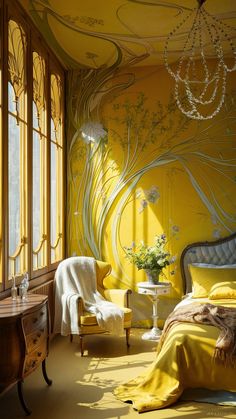 a bedroom decorated in yellow and white with chandelier