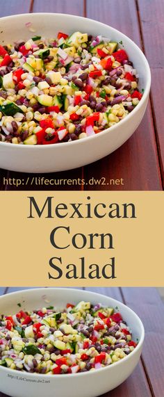 mexican corn salad in a white bowl on a wooden table with the title above it