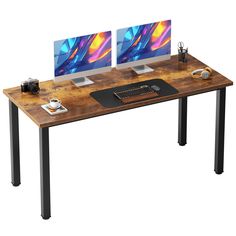 two computer monitors sitting on top of a wooden desk next to each other with keyboard and mouse