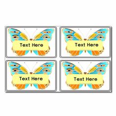 four butterfly name tags with the words text here