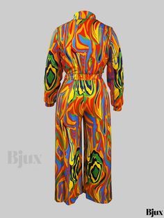 Bjux - Exquisite Plus Size Jumpsuit: Womens Elegant Fluid Print Long Sleeve Turn Down Collar Jumpsuit with Medium Stretch Casual Multicolor Party Sets, Multicolor Stretch Party Sets, Retro Multicolor Summer Sets, Multicolor Printed Stretch Jumpsuits And Rompers, Stretch Multicolor Printed Jumpsuits And Rompers, Multicolor Stretch Printed Jumpsuits And Rompers, Casual Multicolor Printed Bodysuit, Casual Printed Multicolor Bodysuit, Stretch Multicolor Jumpsuits And Rompers For Party