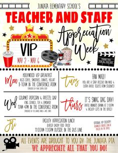 a poster with the words teacher and staff appreciation week on it's back side