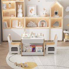 a child's playroom with bookshelves and toys