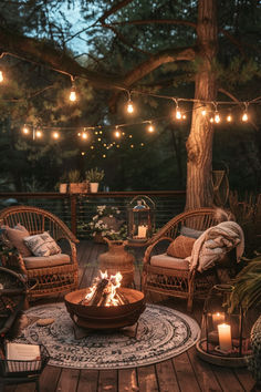 a fire pit sitting on top of a wooden deck surrounded by chairs and lights hanging from the trees