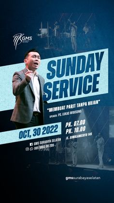 the poster for sunday service is shown with an image of a man in a suit and tie