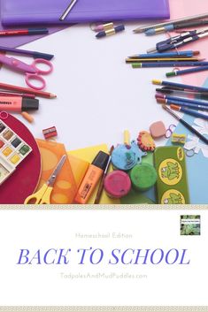 the back to school poster is surrounded by art supplies