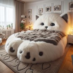 the cat bed is made up with furry furs on it's head and paws